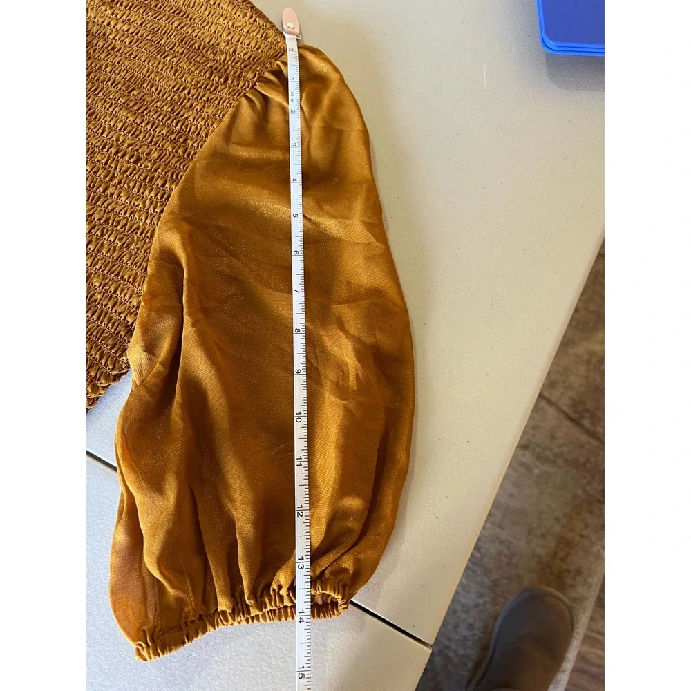 New NWT Nanette Lepore Women Puff Sleeve Dress Medieval Gold - Picture 4 of 6